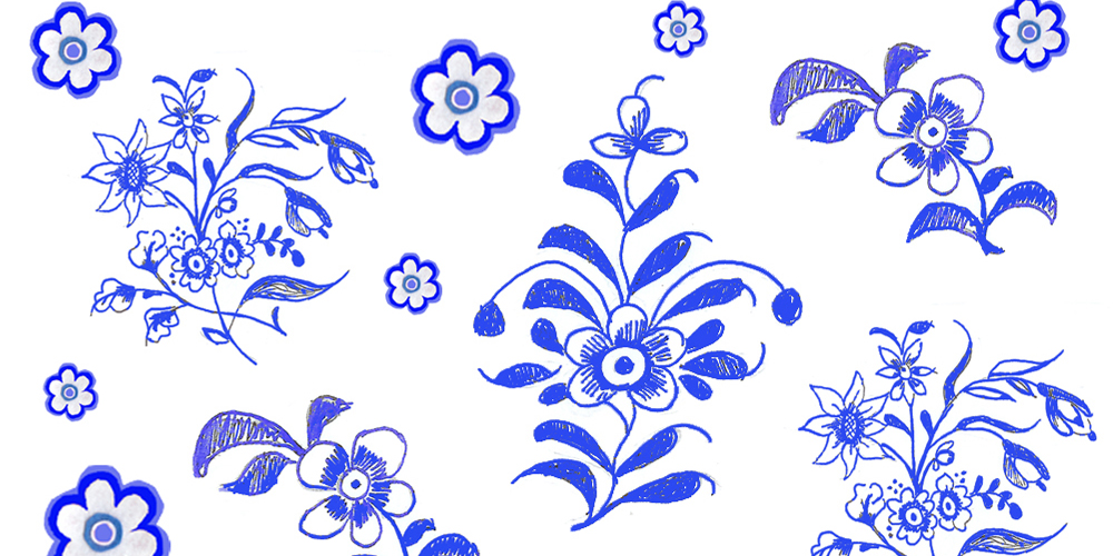 Detail of Lowestoft Porcelain inspired motifs